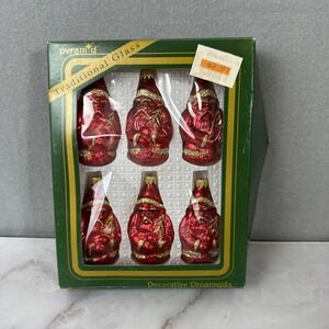 Vintage Pyramid Red with Gold Glass Santa Shaped Christmas Ornaments Set Of 6